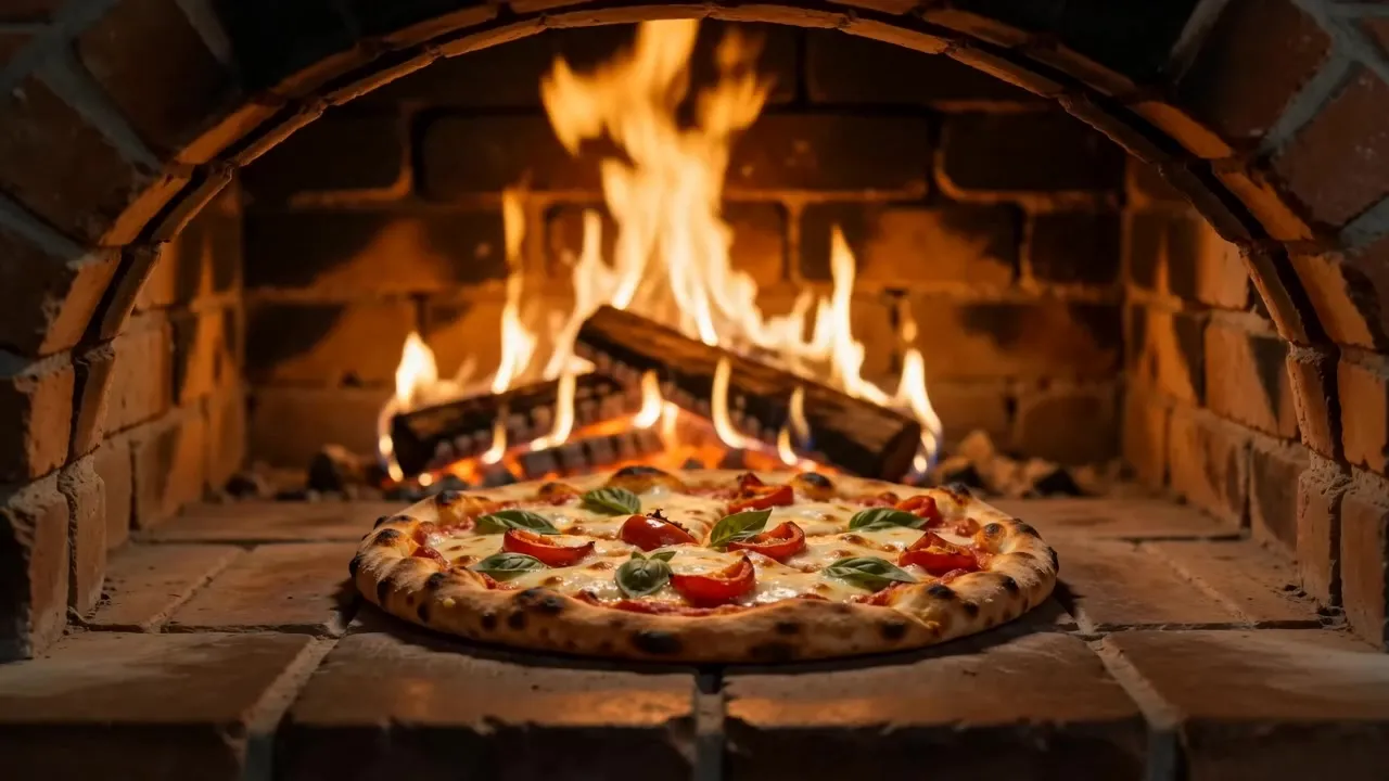 Frisch gebackene Pizza mit blubberndem Käse und Basilikum, dampfend aus dem Holzofen gezogen