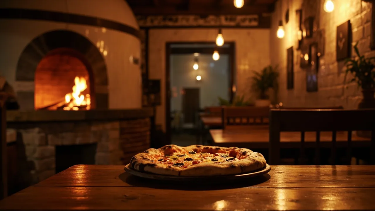 Rustikales Trattoria-Interieur mit Holztischen und warmem Kerzenlicht