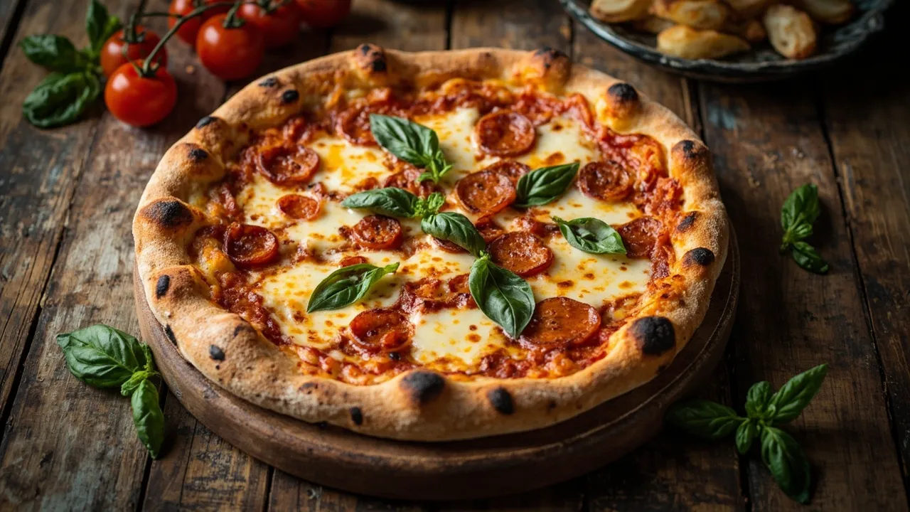 Frisch gebackene Margherita-Pizza mit Mozzarella, Tomaten und Basilikum auf einem Holzbrett