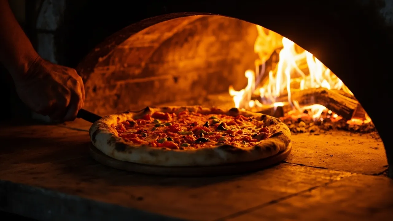 Lodernder Holzofen mit Flammen, in dem eine Pizza auf dem Schamottstein bäckt