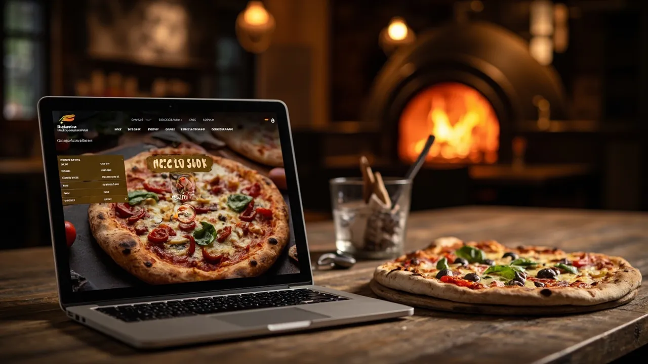 Pizzeria am Abend mit gedeckten Tischen, Kerzenlicht und Gästen